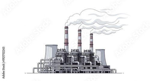 Industrial Factory with Smokestacks and Pipes.