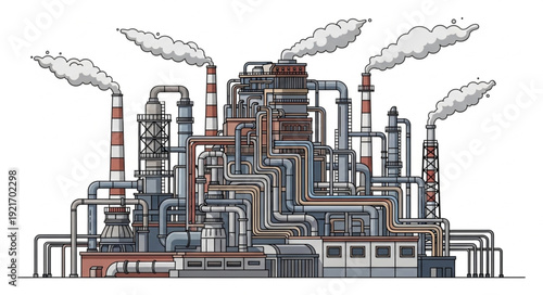 Industrial Factory with Smokestacks and Pipes.