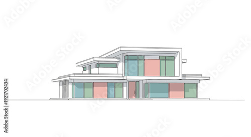 Modern House Elevation with Colored Windows.