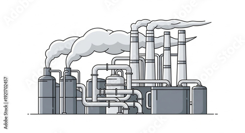 Industrial Factory with Smokestacks and Pipes.