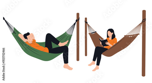 Two people relaxing in hammocks, one reading a book.