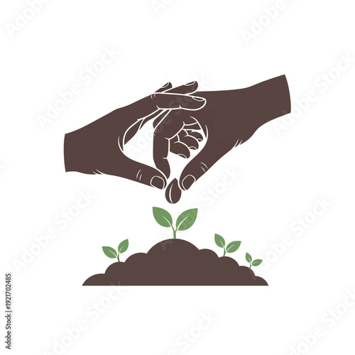 Hands planting seeds in soil with small green sprouts.