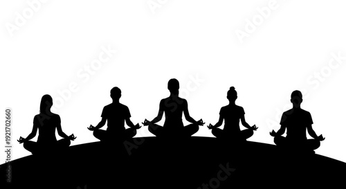Group of people meditating in lotus position silhouette.