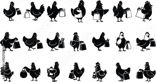 Collection of various chicken poses and actions