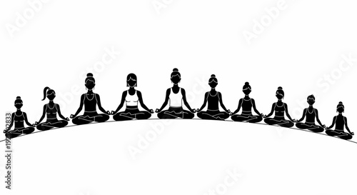 Group of people meditating in a row, practicing yoga and mindfulness together.