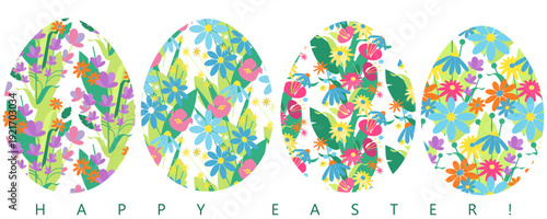 Easter card with 4 eggs with floral pattern, Happy Easter, banner, vector design