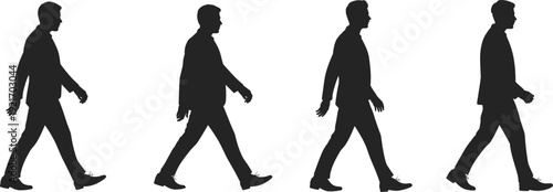 Silhouettes of a person walking in sequential motion stages, symbolizing human locomotion, biomechanics, animation, and movement study for creative, educational, and stock illustration concepts.
