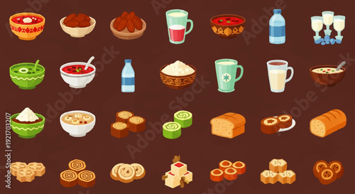 Variety of food and drink items.