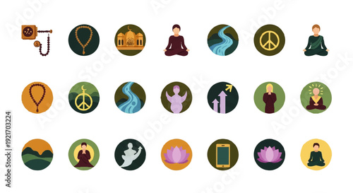 Various yoga and meditation icons.