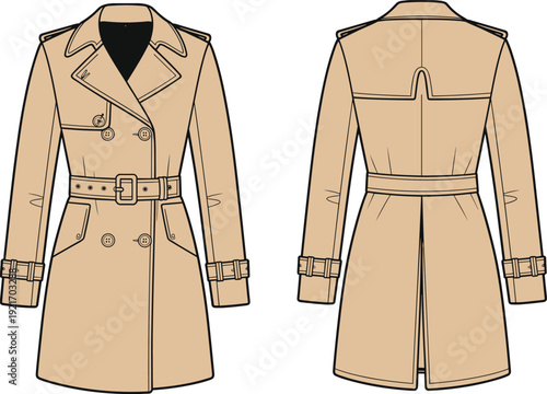 Classic trench coat illustration, beige double breasted overcoat front and back view vector fashion design isolated on white background