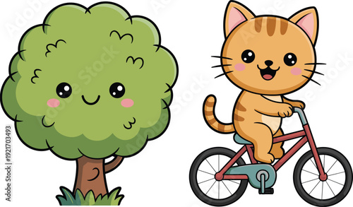 Cute cartoon tree with smiling face and adorable orange kitten riding bicycle, colorful kawaii vector illustration isolated on white background for children design