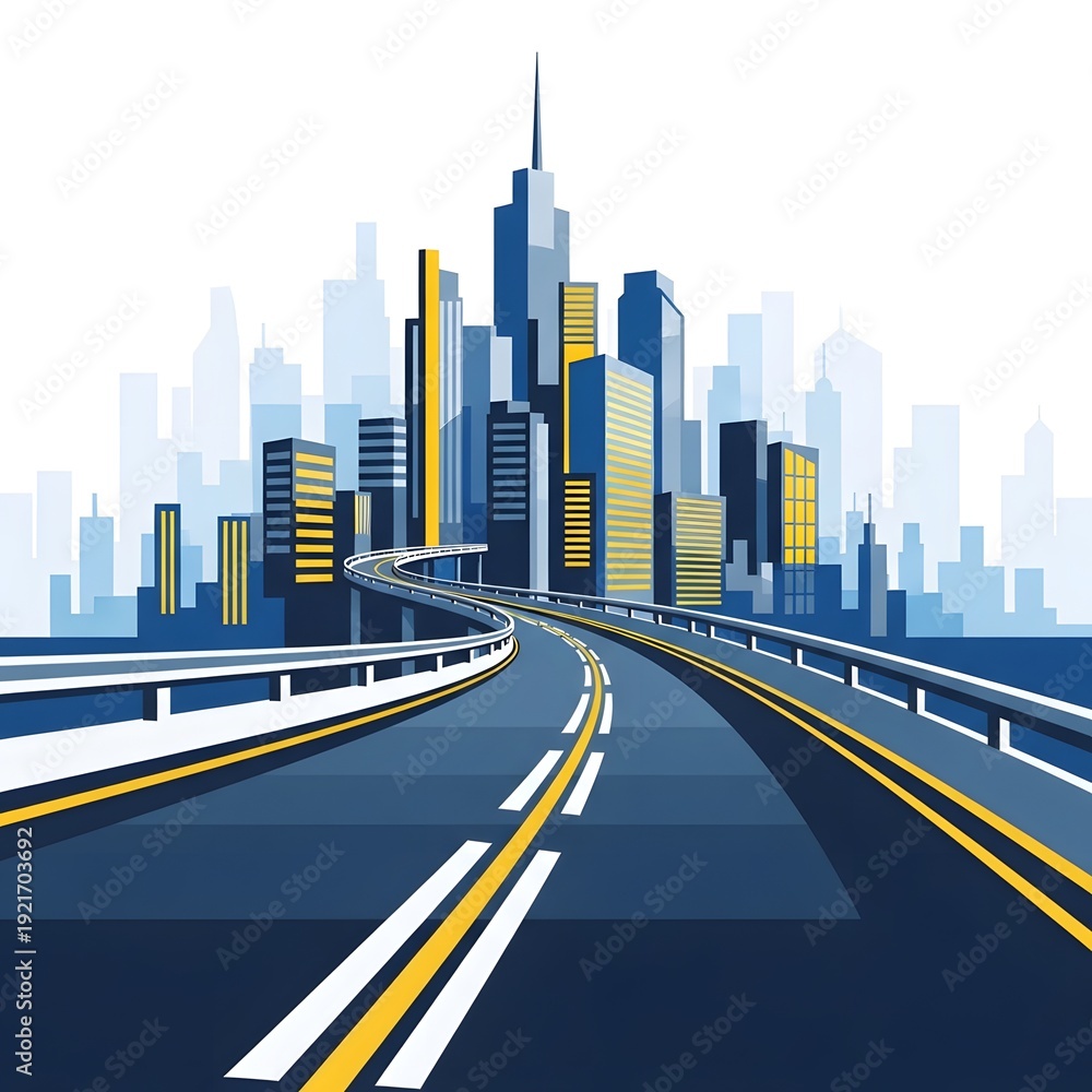 © Ethan - Illustration of a modern city skyline with a highway leading into it, symbolizing progress and urban development