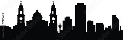 City skyline silhouette, cathedral dome, church towers, modern buildings, religious architecture, urban landscape, cultural heritage, historic structures, metropolitan view, skyline art