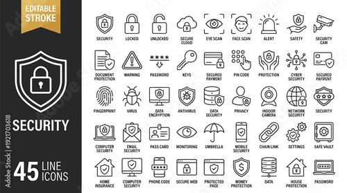 Security Line Icons Set – Cyber Protection, Surveillance and Safety Outline Vector Collection