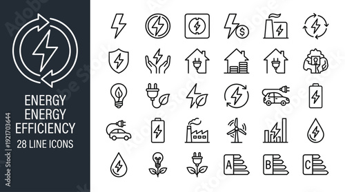 Energy Efficiency Line Icons Set – Renewable Energy, Eco Power and Sustainability Outline Vector Collection