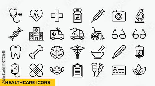 Healthcare Line Icons Set – Medical Equipment, Hospital and Medicine Outline Vector Collection