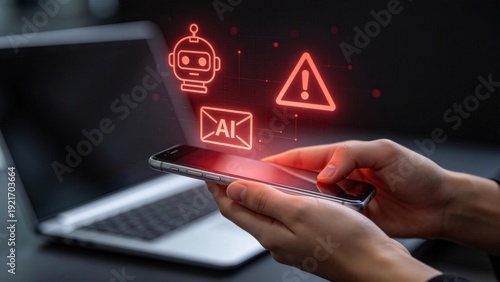 Person holding smartphone with AI warning icons and chatbot symbol,artificial intelligence risk alert concept for data privacy,caution message and automation security issue