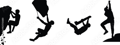 Climbing silhouettes, rock climbing vector, rope hanging illustration, gymnastic strength design, outdoor adventure art, fitness decor, black figures, sports activity