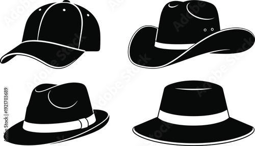 Set of various hat silhouettes including baseball cap, cowboy hat, fedora and sun hat, black vector illustration on white