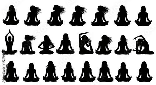 Collection of silhouettes of women practicing yoga in various poses.