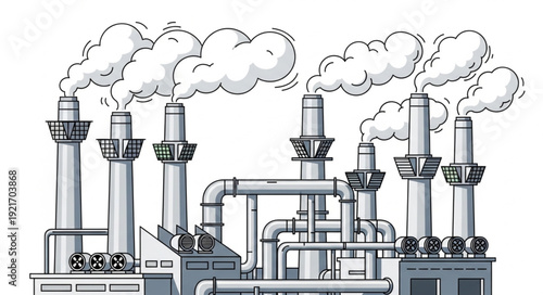 Industrial Factory with Smokestacks Emitting Pollution.