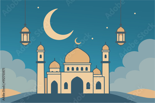 Flat vector simple of a mosque with crescent moon and lanterns, ramadhan night scene, soft sky, minimal style, detail, professional design