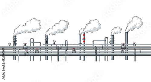 Industrial Factory with Smokestacks and Pipes.