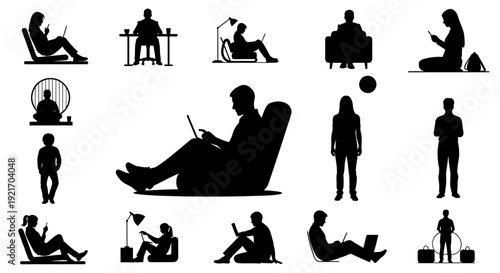 Collection of silhouettes depicting people relaxing in various positions and activities.