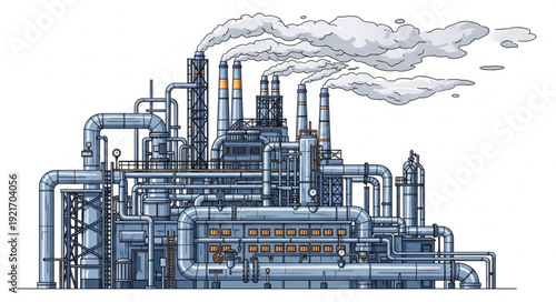 Industrial Factory with Smokestacks and Pipes.