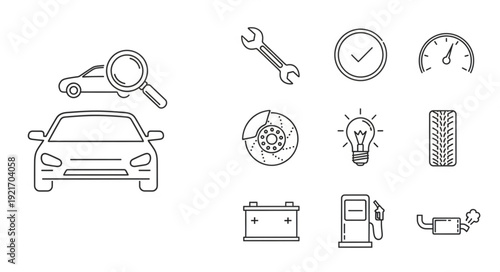 Car repair and maintenance icons set with tools and parts.