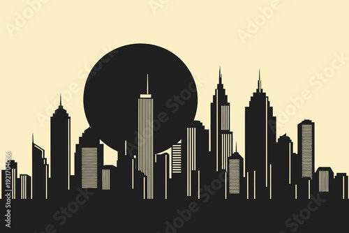 Minimalist City Skyline Silhouette at Sunset or Sunrise with Dark Sun on Yellow Background Vector Illustration