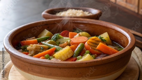 Vegetable stew with broccoli carrots potatoes and green beans in bowl