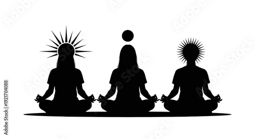 Three silhouetted figures meditating in lotus position with aura.