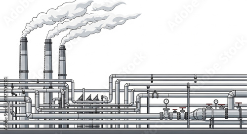 Industrial Factory with Smokestacks and Piping.