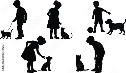 Children silhouettes, kids with pets, dog and cat icons, animal care vector, companionship illustration, playtime symbols, pet love, black silhouettes