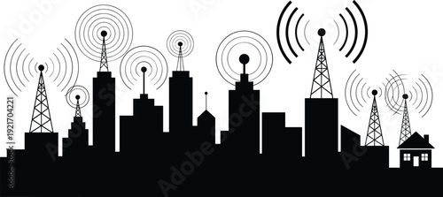 City skyline silhouettes, communication tower icons, wireless signal vector, urban building illustration, connected city design, modern technology infrastructure art