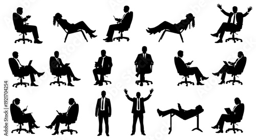 Collection of Businessman Silhouettes in Various Office Chair Positions.