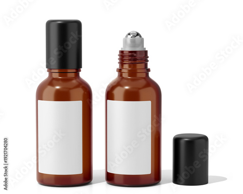 Картината върху платно Blank Amber Roller Ball Bottle With Blank Label on Transparent Background, Prepared For Mockup, 3D Render
