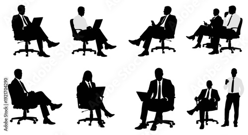 Silhouettes of businesspeople working in office chairs and standing.