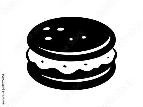 Black and white silhouette illustration of a hamburger with toppings
