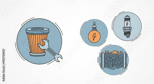 Car maintenance and repair icons with wrench and engine parts.