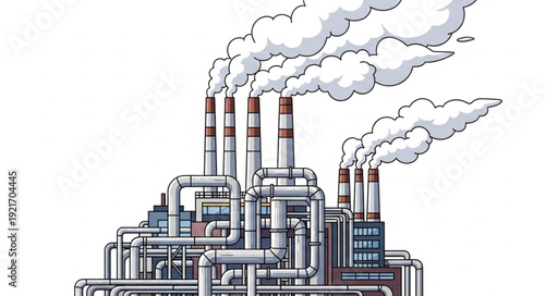 Industrial Factory with Smokestacks Emitting Pollution.