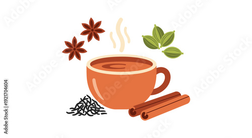 A vibrant illustration depicts a warm beverage with spices featuring star anise and cinnamon silhouette high quality professional detailed modern elegant