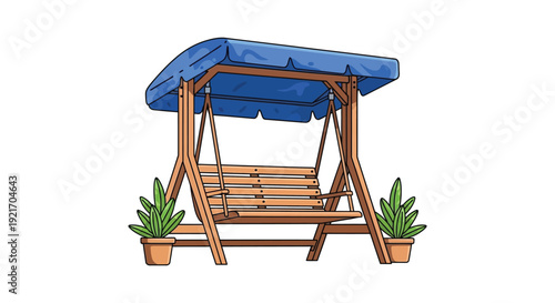 A colorful illustration depicts a wooden porch swing with a blue canopy surrounded by greenery silhouette high quality professional detailed modern