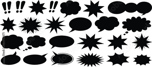 Comic book speech and thought bubbles, black silhouette collection, jagged burst shapes, exclamation marks, graphic design elements, visual storytelling tools