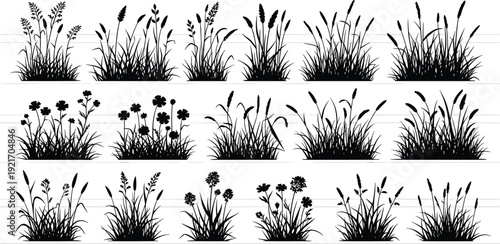 Black grass silhouette collection featuring various meadow wild flowers and field plants for outdoor nature garden landscape decoration vector design assets set bundle.