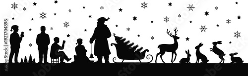 Christmas silhouette scene, Santa Claus lantern, sleigh with tree, reindeer and animals, children festive gathering, winter holiday decor inspiration showcase