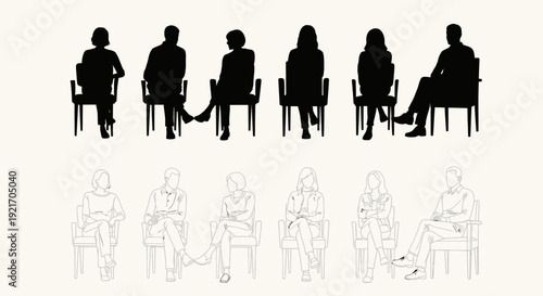 Silhouettes of people sitting on chairs in a meeting or discussion setting.