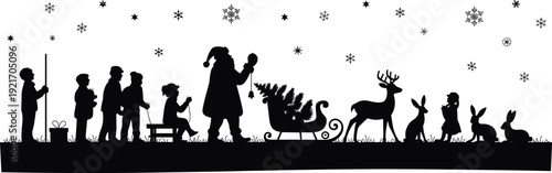Christmas silhouettes, Santa Claus icons, festive holiday vector, children design, reindeer outline, sleigh graphic, winter celebration illustration, snowflake pattern, seasonal joy