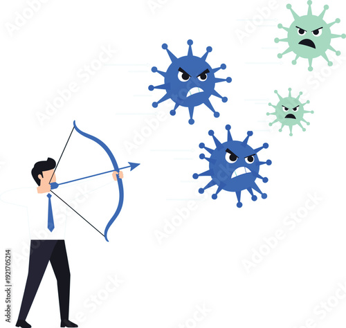 Professional character fighting viruses with a bow and arrow vector illustration